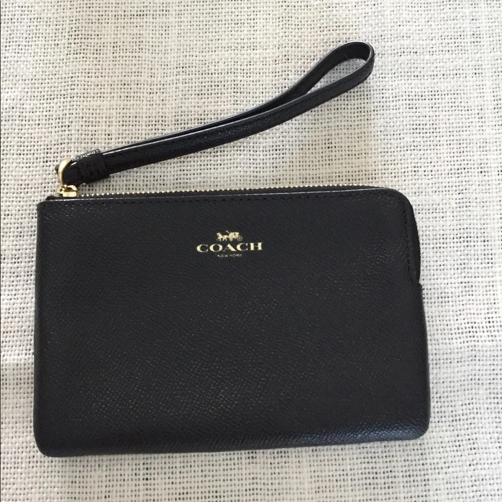 Coach Black Leather Wristlet Clutch with Gold Hardware